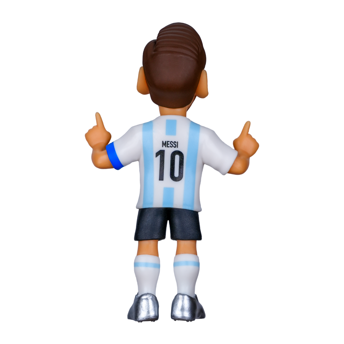 Minix Lionel Messi Argentina Figurine in a white and sky-blue striped jersey, black shorts and silver boots, shown from behind