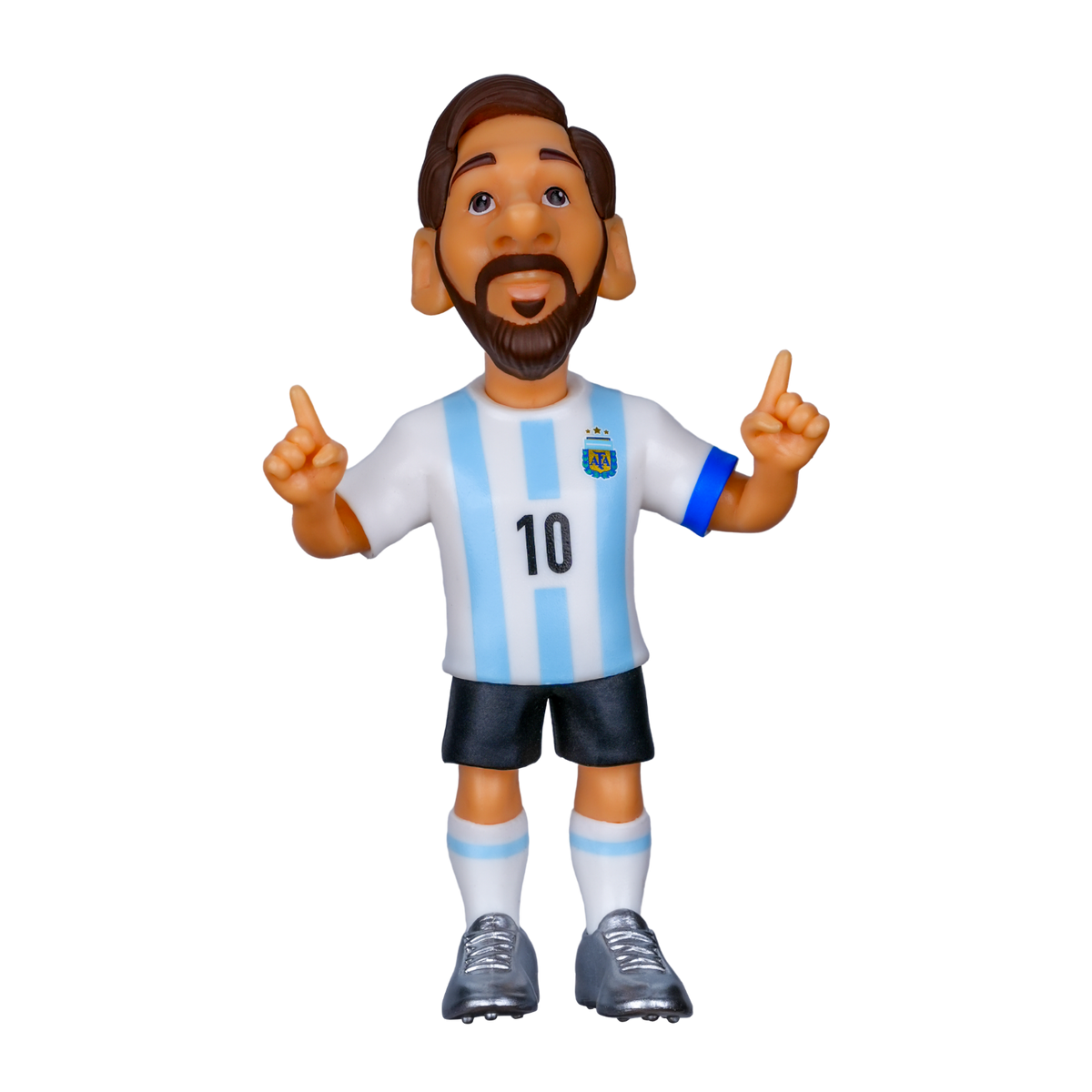 Minix Lionel Messi Argentina Figurine with brown beard, wearing a white and sky-blue striped number 10 jersey and black shorts