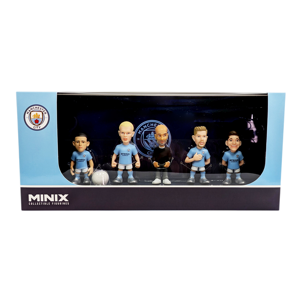 Minix Manchester City five-pack of small football figurines in sky-blue kits, displayed in a clear-front retail box