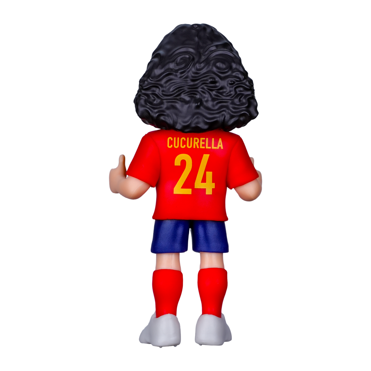 Minix Marc Cucurella Spain figurine seen from behind, with curly dark hair, a red number 24 shirt, blue shorts and white boots