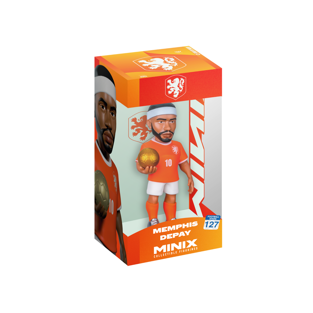Minix Memphis Depay collectible figurine in an orange Netherlands football kit, with a white headband and football
