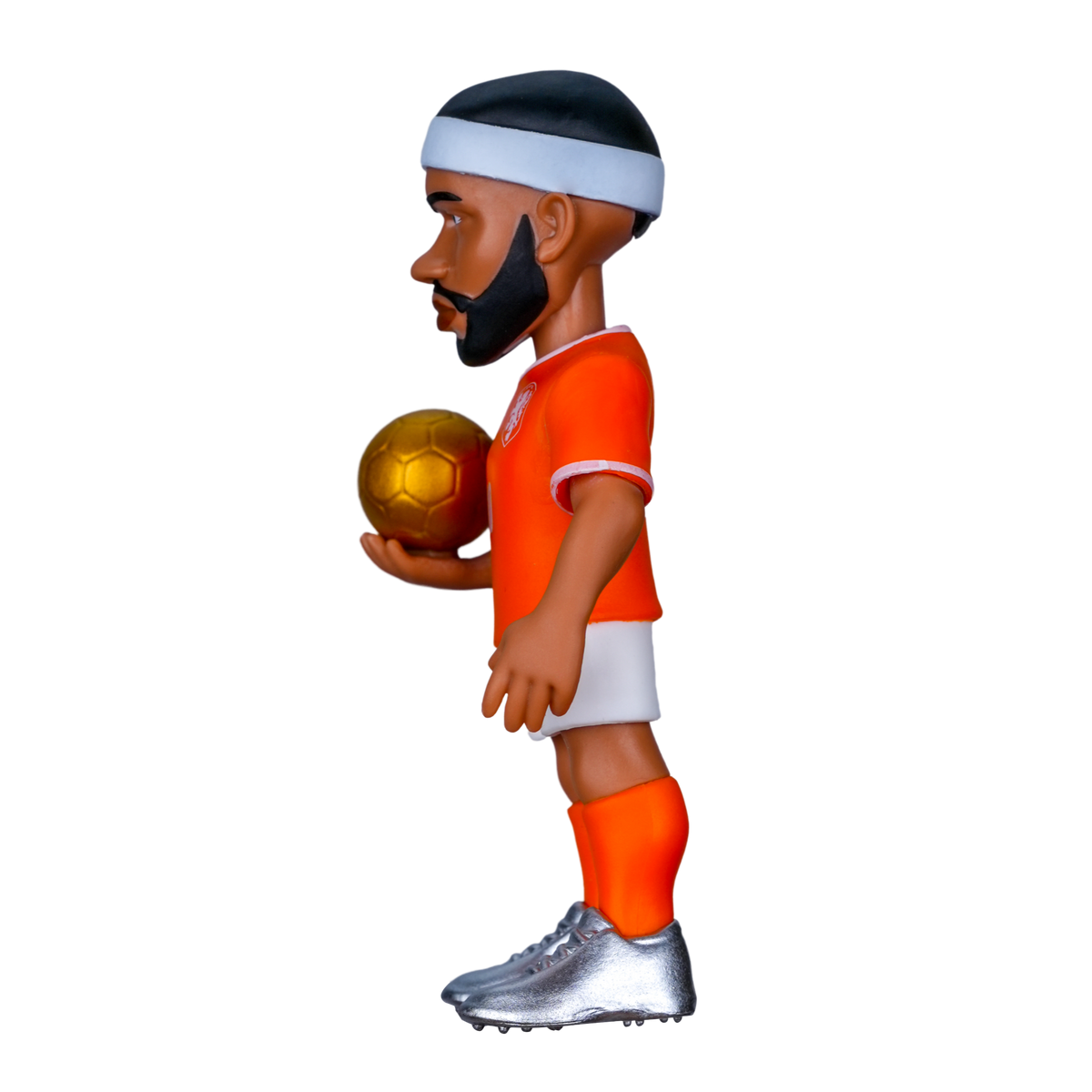 Minix Memphis Depay figurine in an orange Netherlands kit with a white headband, holding a gold football
