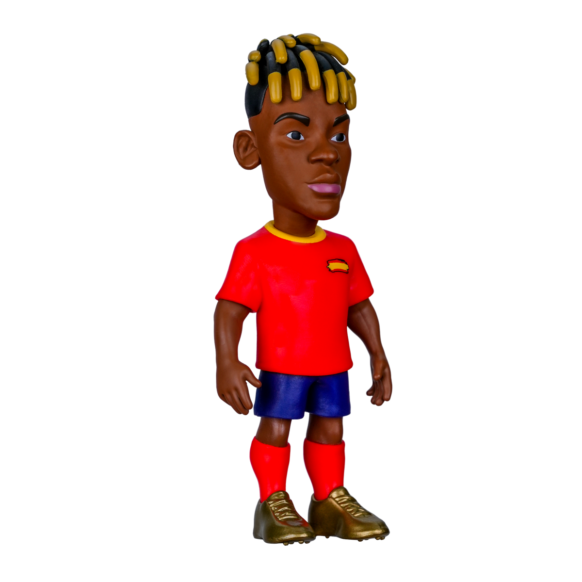 Minix Nico Williams Spain football figure with yellow-tipped twists, red jersey, blue shorts and red socks