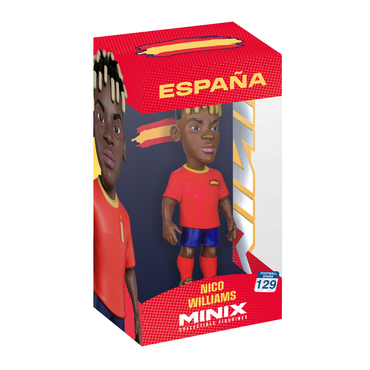 Minix Nico Williams Spain football figure in red shirt, blue shorts and red socks, shown in a branded display box