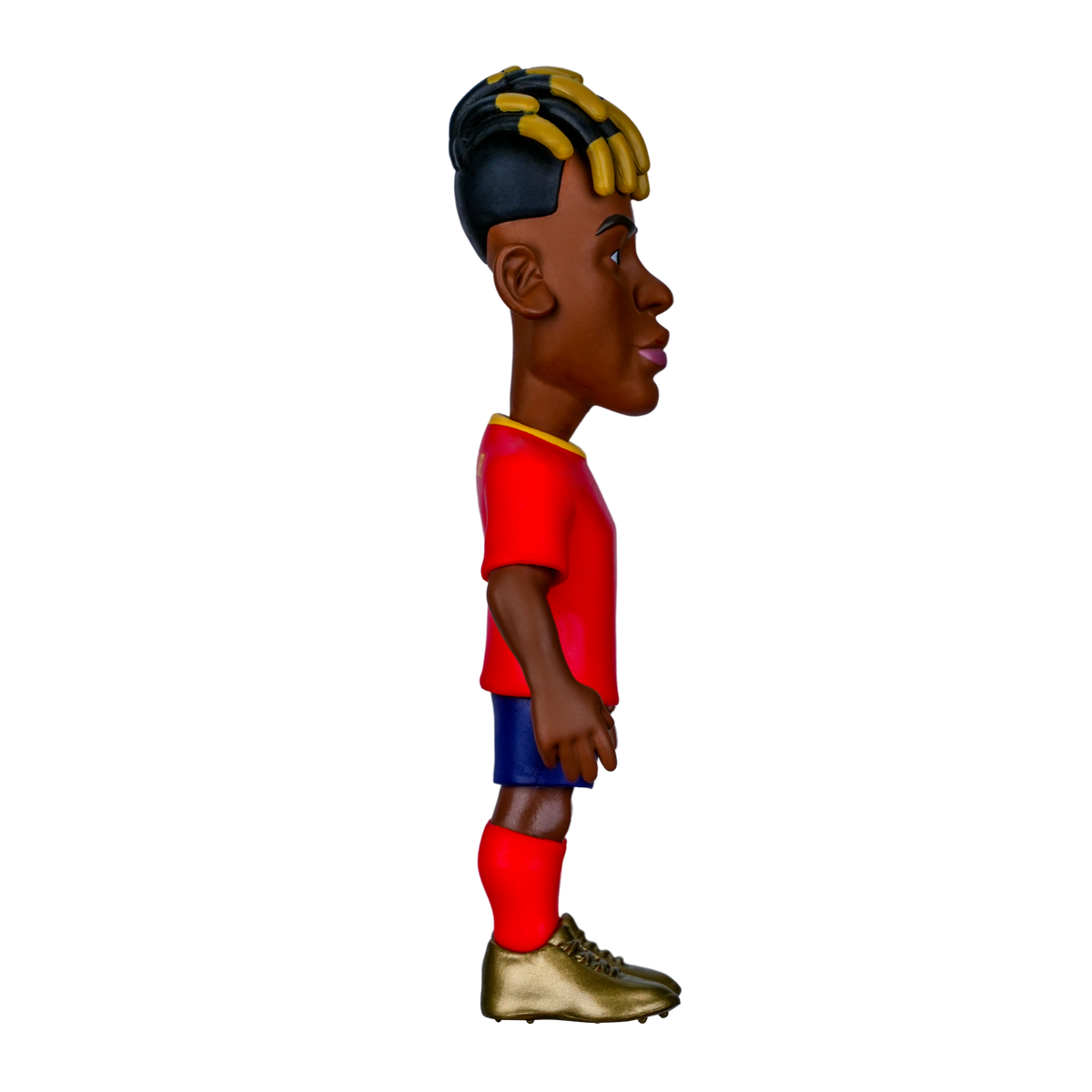 Minix Nico Williams vinyl football figure in a red shirt, blue shorts and red socks, with blond-tipped hair and gold boots