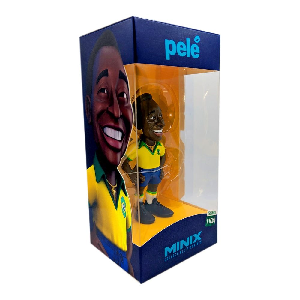 Minix Pelé Brazil Home Kit figurine in a yellow and green football uniform, displayed in a blue window box