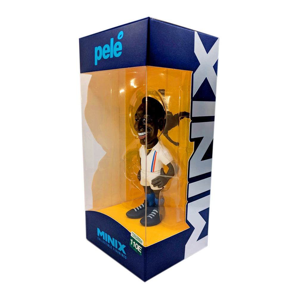 Minix Pelé Escape to Victory Edition figurine in a navy display box, wearing a white football kit and dark boots