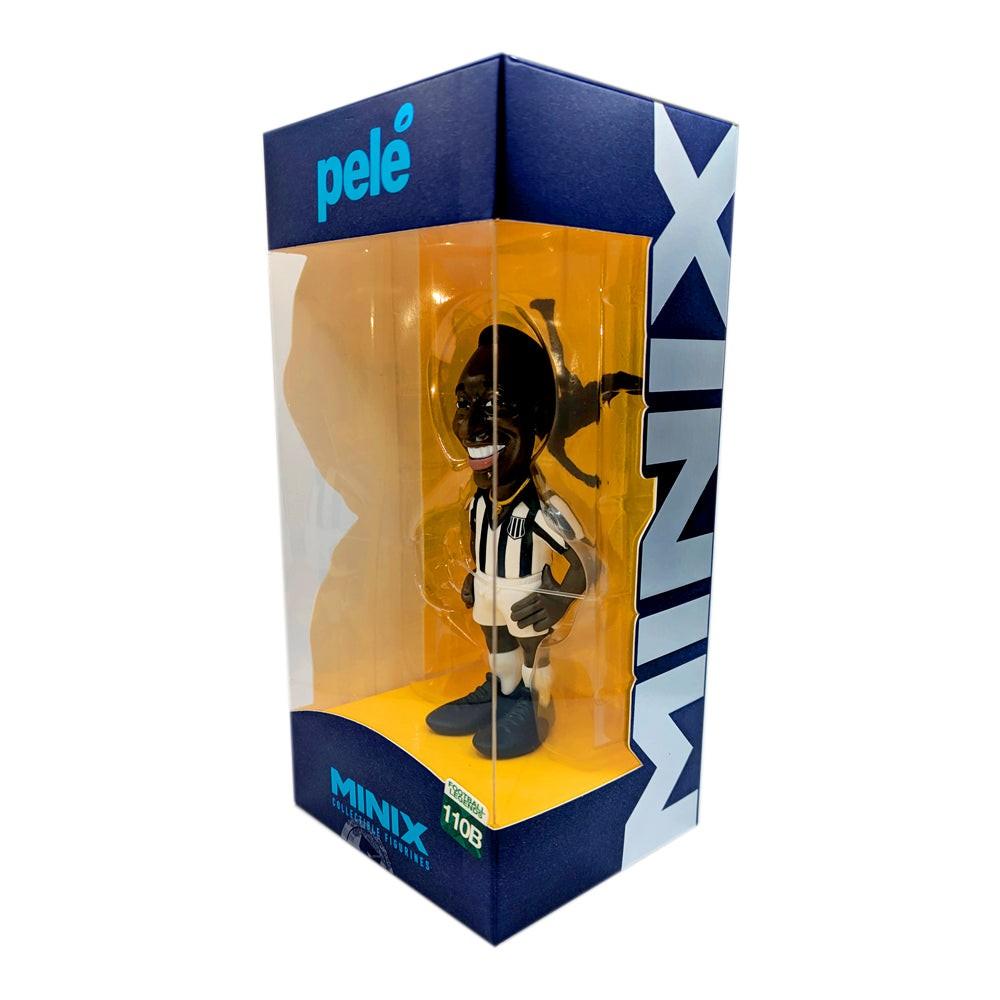 Minix Pelé Santos FC figurine in a white-and-black striped football kit, displayed in a navy window box