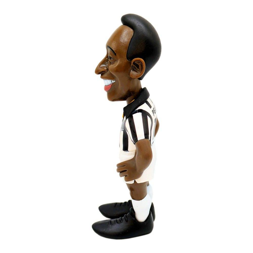 Minix Pelé Santos FC figurine with brown skin, black hair, striped black-and-white shirt, white shorts and black boots