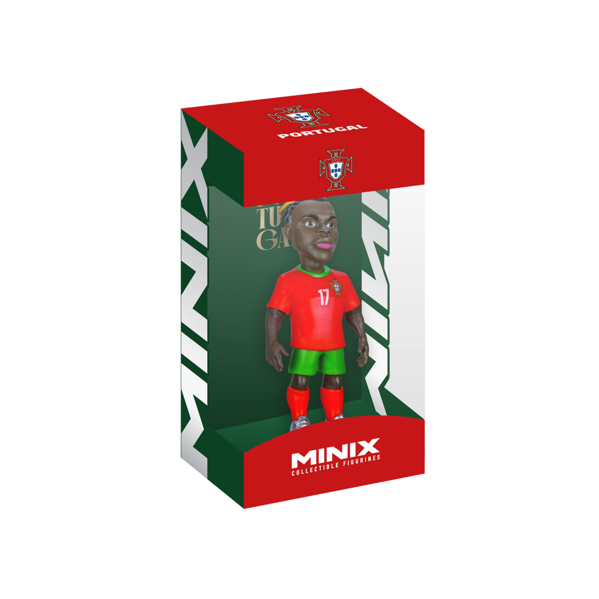 Minix Rafael Leão Portugal figurine wearing a red number 17 shirt, green shorts and socks inside a Portugal-branded display box