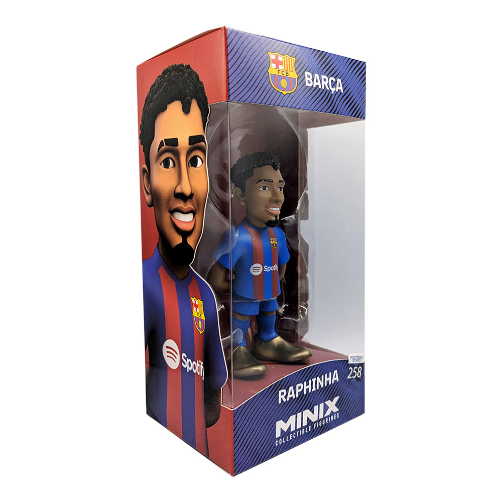 Minix Raphinha FC Barcelona figurine in a blue and red striped kit, displayed in a clear-front collectible box