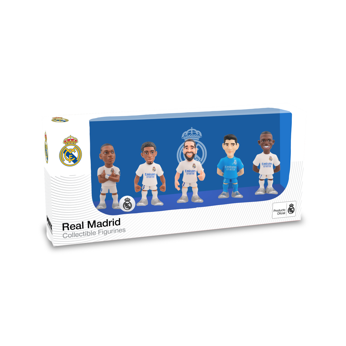 Minix Real Madrid five-pack collectible football figurines in white and turquoise kits, displayed in a blue and white box