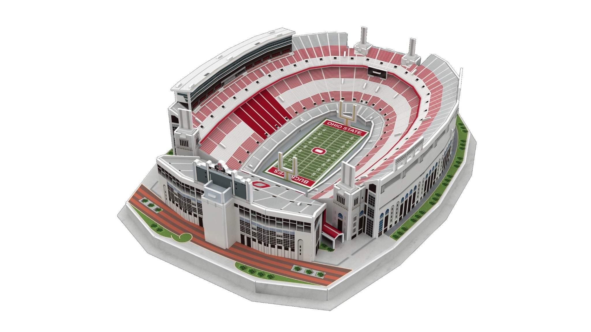 3D replica puzzle of Ohio State Ohio Stadium with scarlet and gray details, 77 pieces, no glue needed