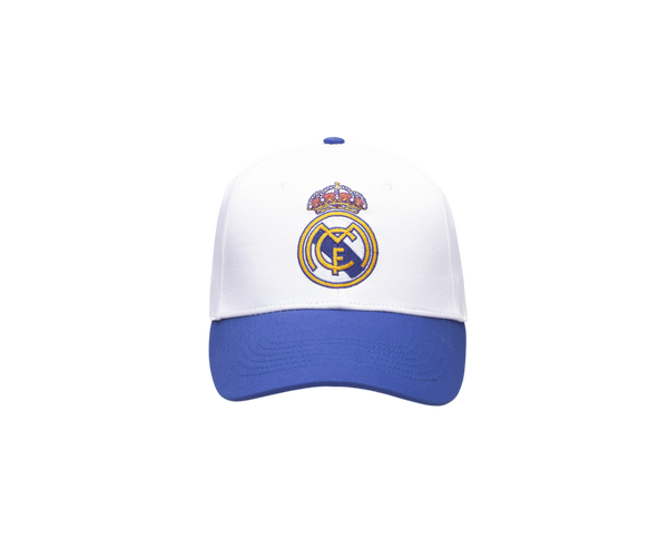 Real Madrid Two-Tone Adjustable Cap in white and blue, featuring an embroidered club crest on the front