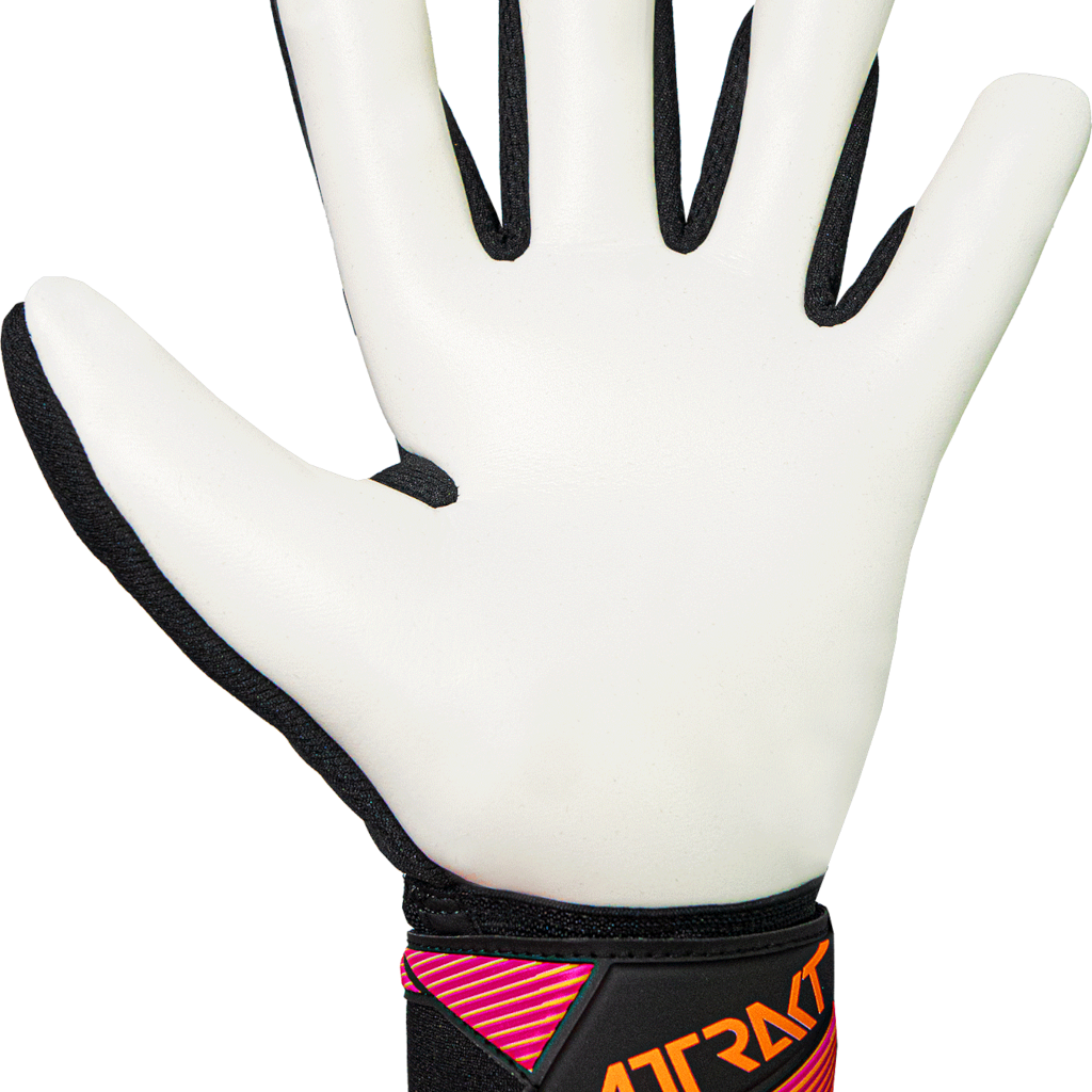 Reusch Attrakt Freegel goalkeeper glove with a white latex palm, black edging and vivid pink-orange wrist details