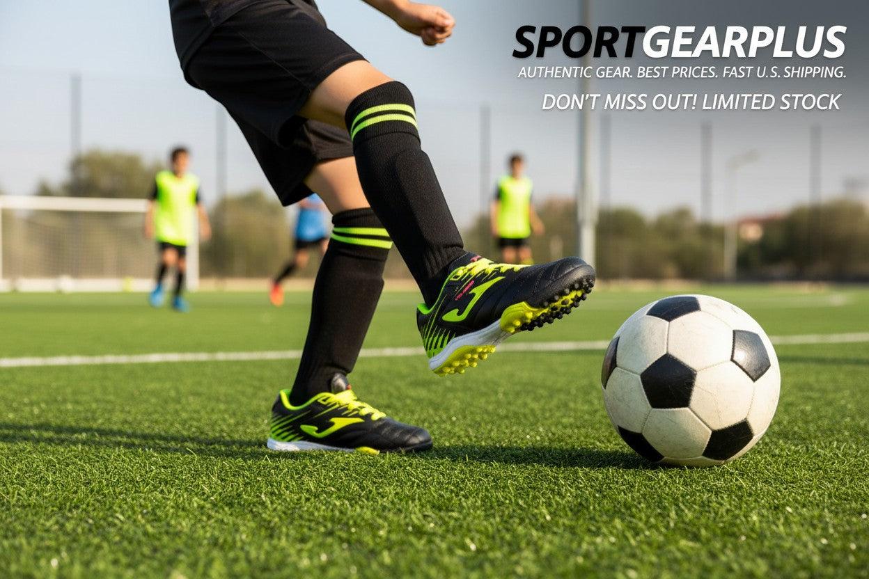 SGP Joma Toledo Junior Kids Turf Soccer Shoes in black with neon yellow accents and laces. Designed for artificial surfaces.