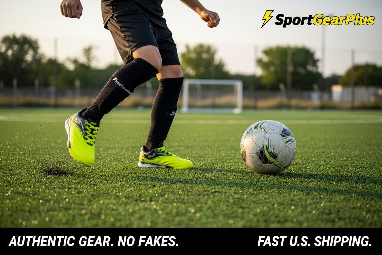 SGP Joma Toledo Junior Kids Turf Soccer Shoes in bright yellow with black accents and laces. Designed for artificial surfaces.