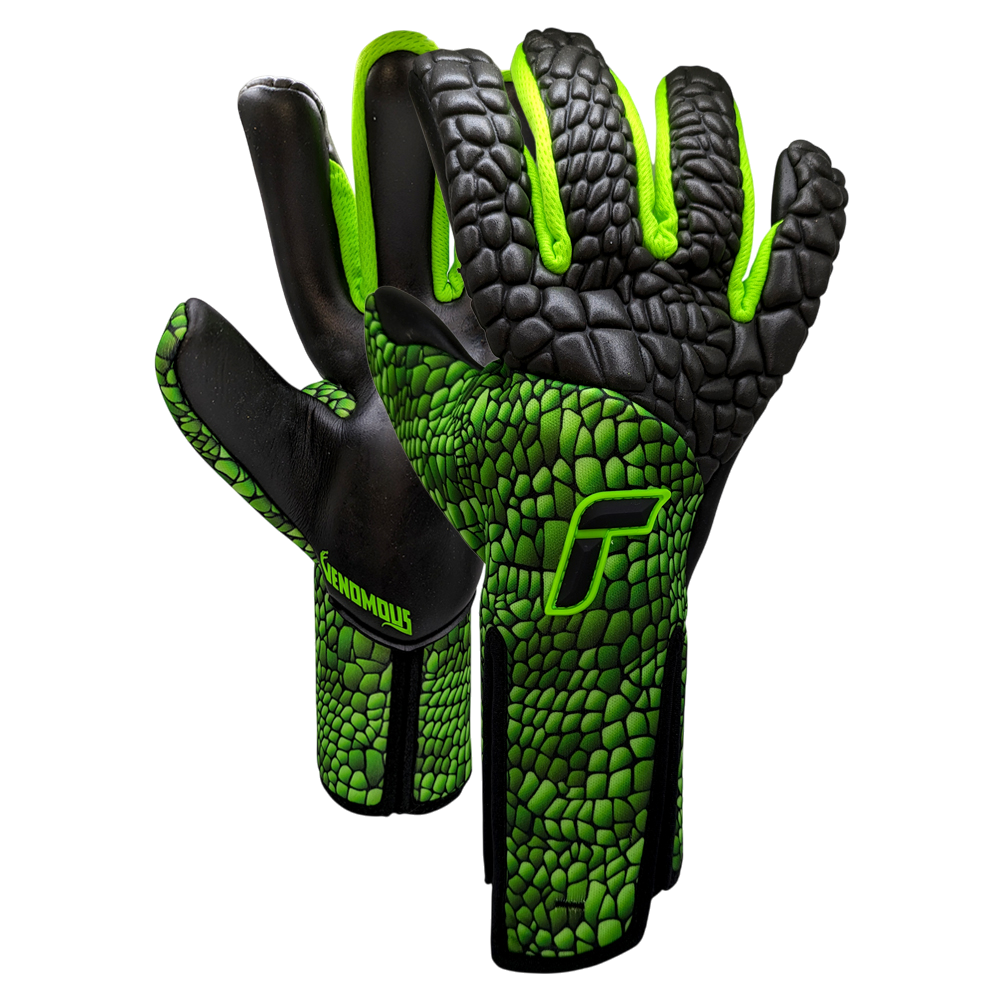 Reusch Venomous green and black textured goalkeeper gloves with enhanced grip and flexibility