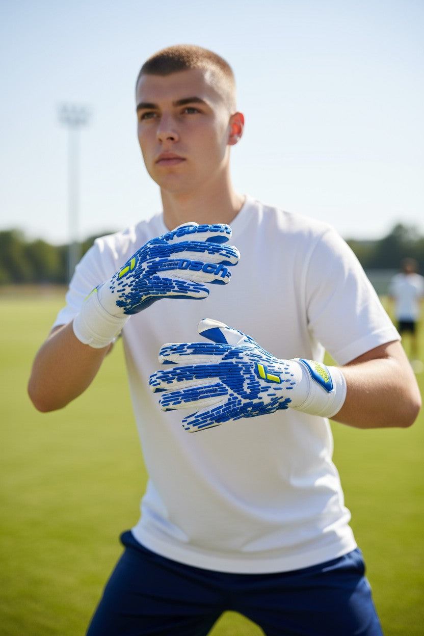 Athlete wearing Reusch Pure Contact Freegel Gold goalkeeper gloves practicing on field