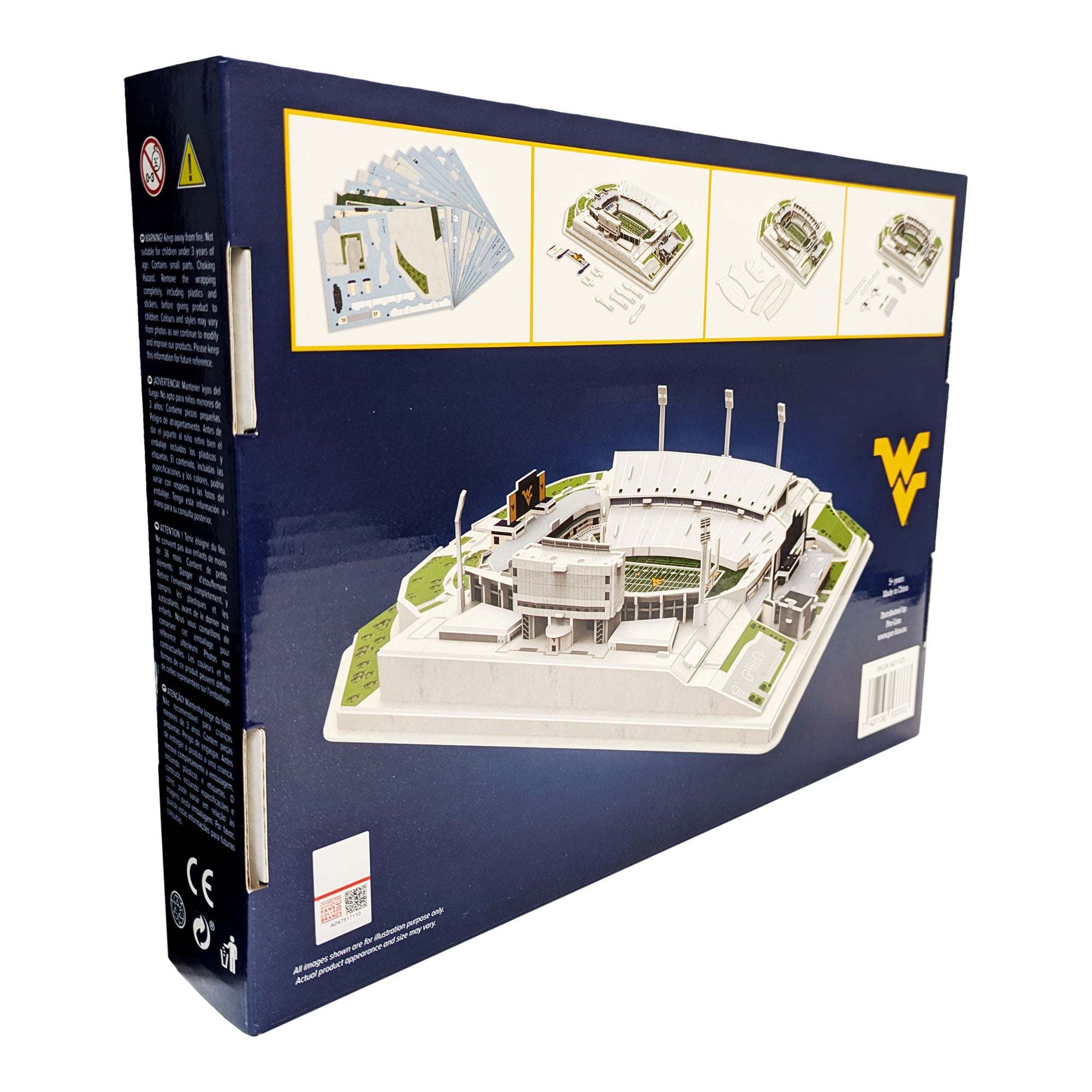 3D replica puzzle of West Virginia Milan Puskar Stadium with 120 pieces in Old Gold and Blue colors