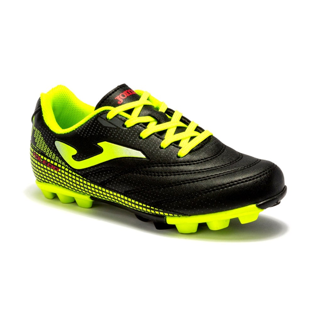 Joma Toledo Junior Molded 24 Soccer Shoes with black and neon design, ideal for kids on grass and synthetic surfaces.