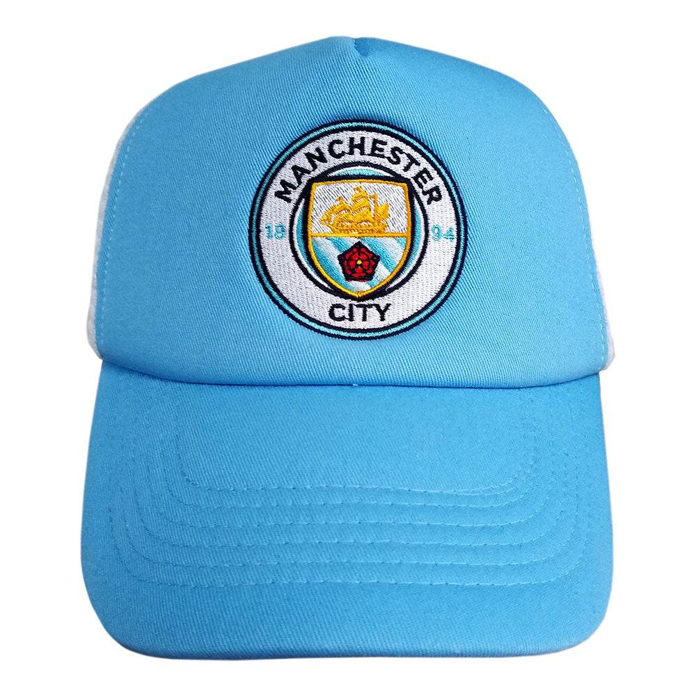 Light blue Manchester City trucker hat with mesh back and snapback closure