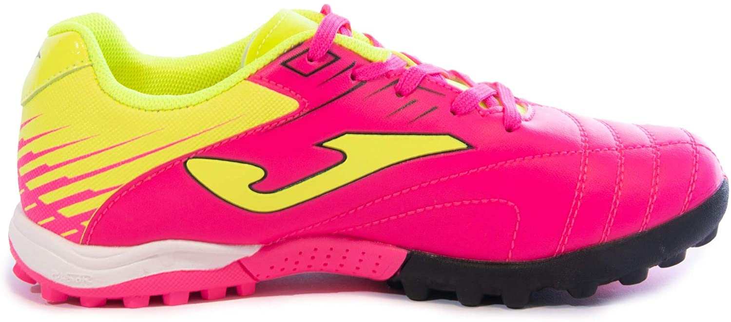 Joma Toledo Junior Turf Soccer Shoes for young players, pink and yellow design with rubber outsole.