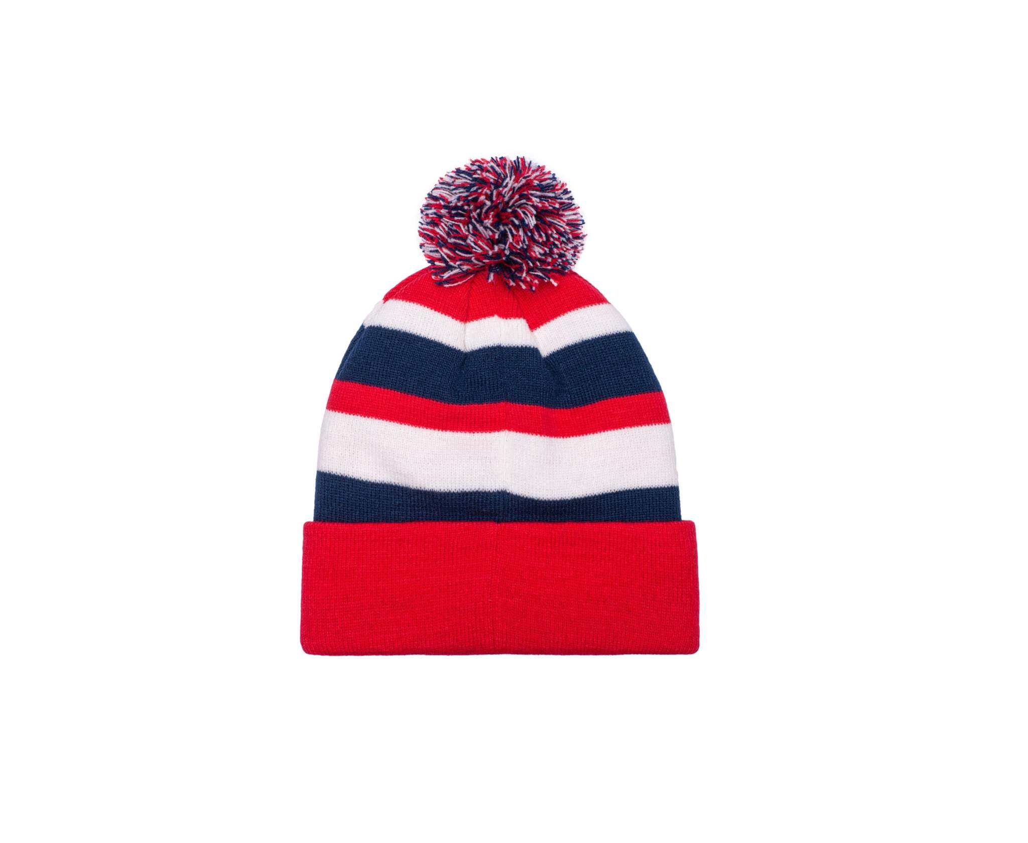 Red, white, and navy striped football beanie with pom-pom and cuffed edge for warmth and style.