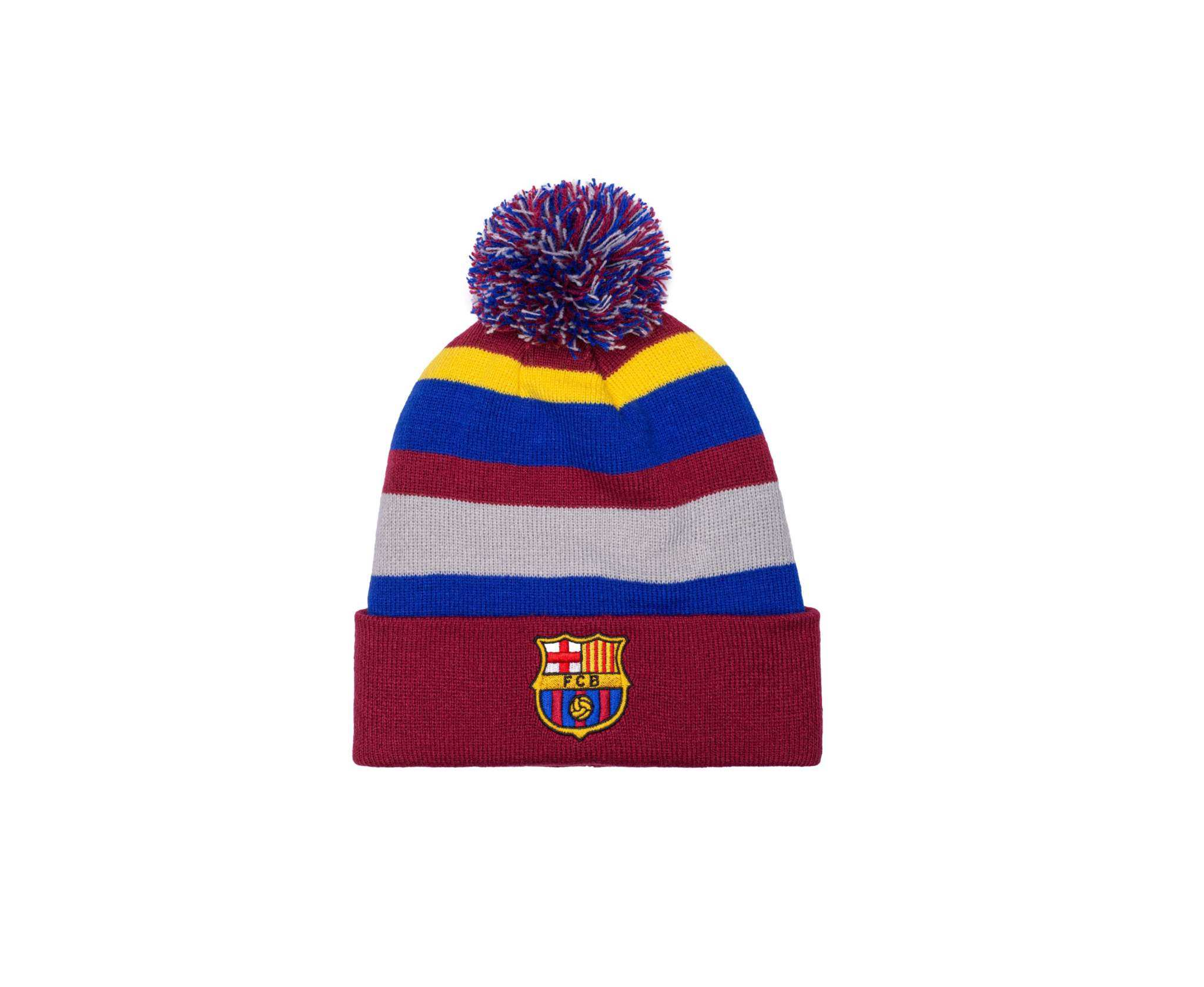 Football beanie with pom-pom featuring FC Barcelona logo and colorful stripes