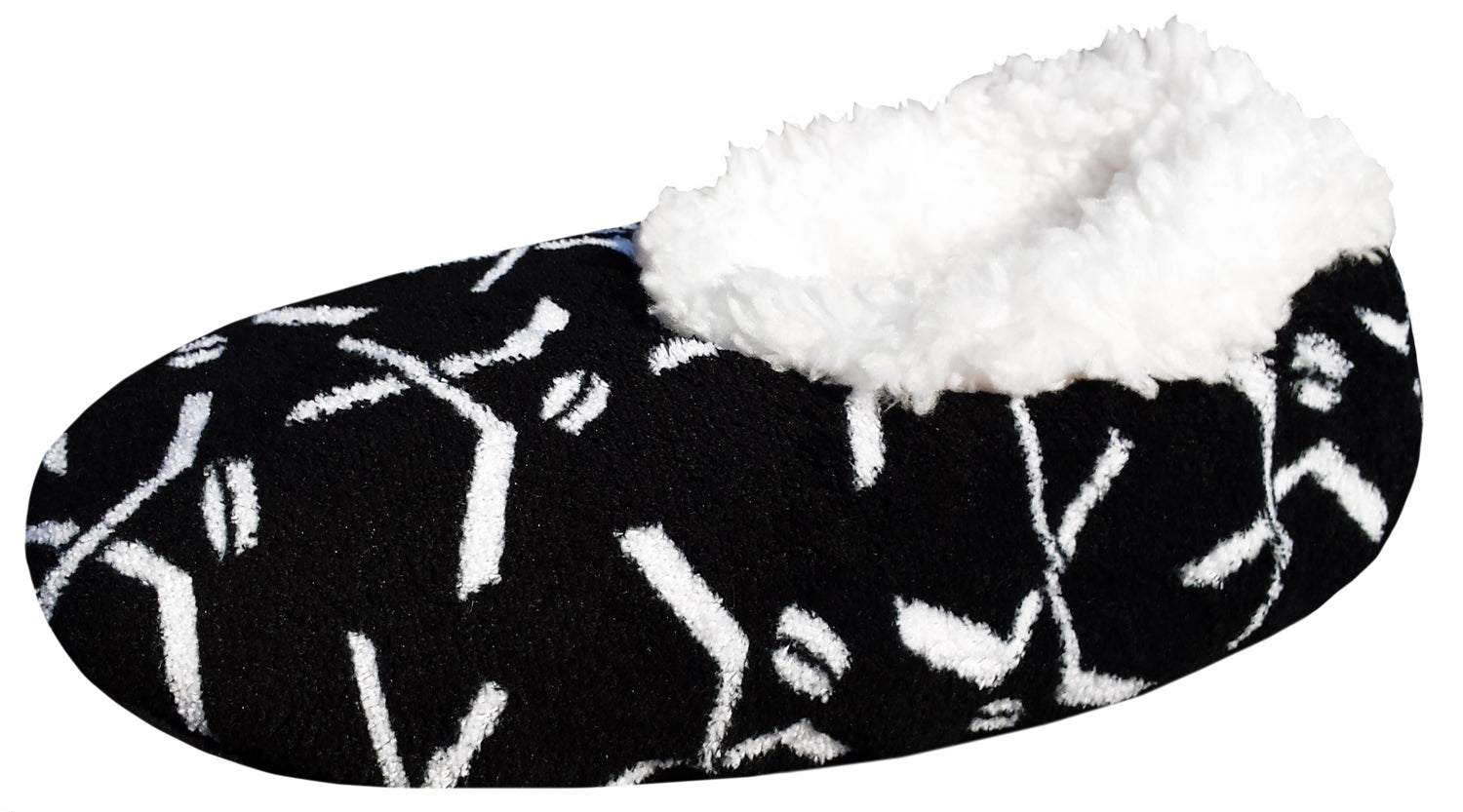 Black and white hockey-themed sport slipper with plush white interior and non-slip sole