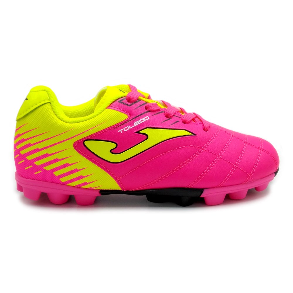 Joma Toledo Junior Molded 24 Soccer Shoes with pink and yellow design, synthetic Fibertec upper, and rubber outsole.