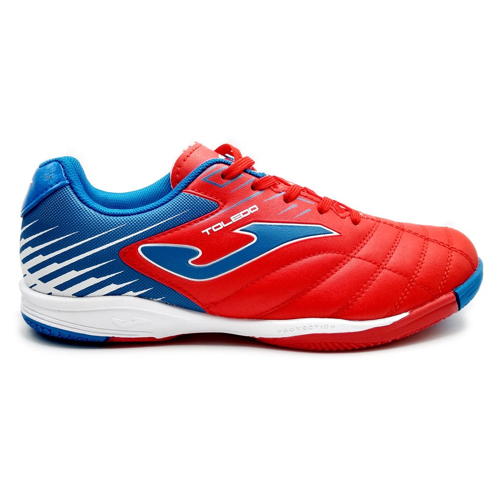 Joma Toledo Junior Indoor Soccer Shoes in vibrant red and blue with flexible sole for indoor play.