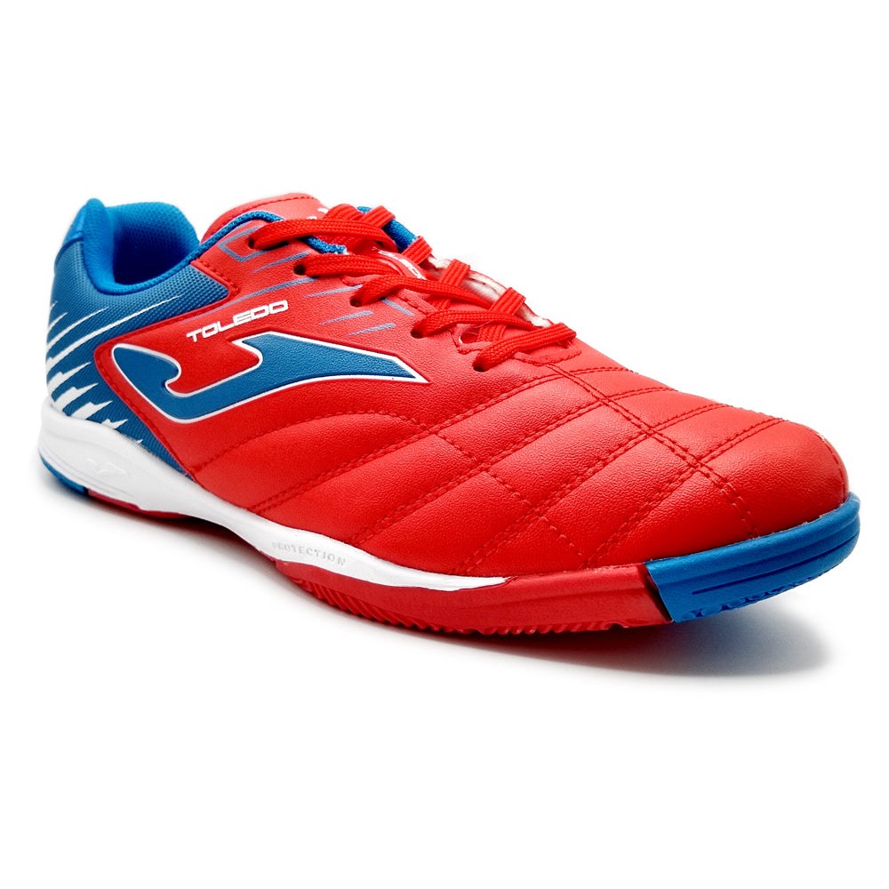 Joma Toledo Junior Indoor Soccer Shoes in vibrant red, designed for style and comfort on the field.