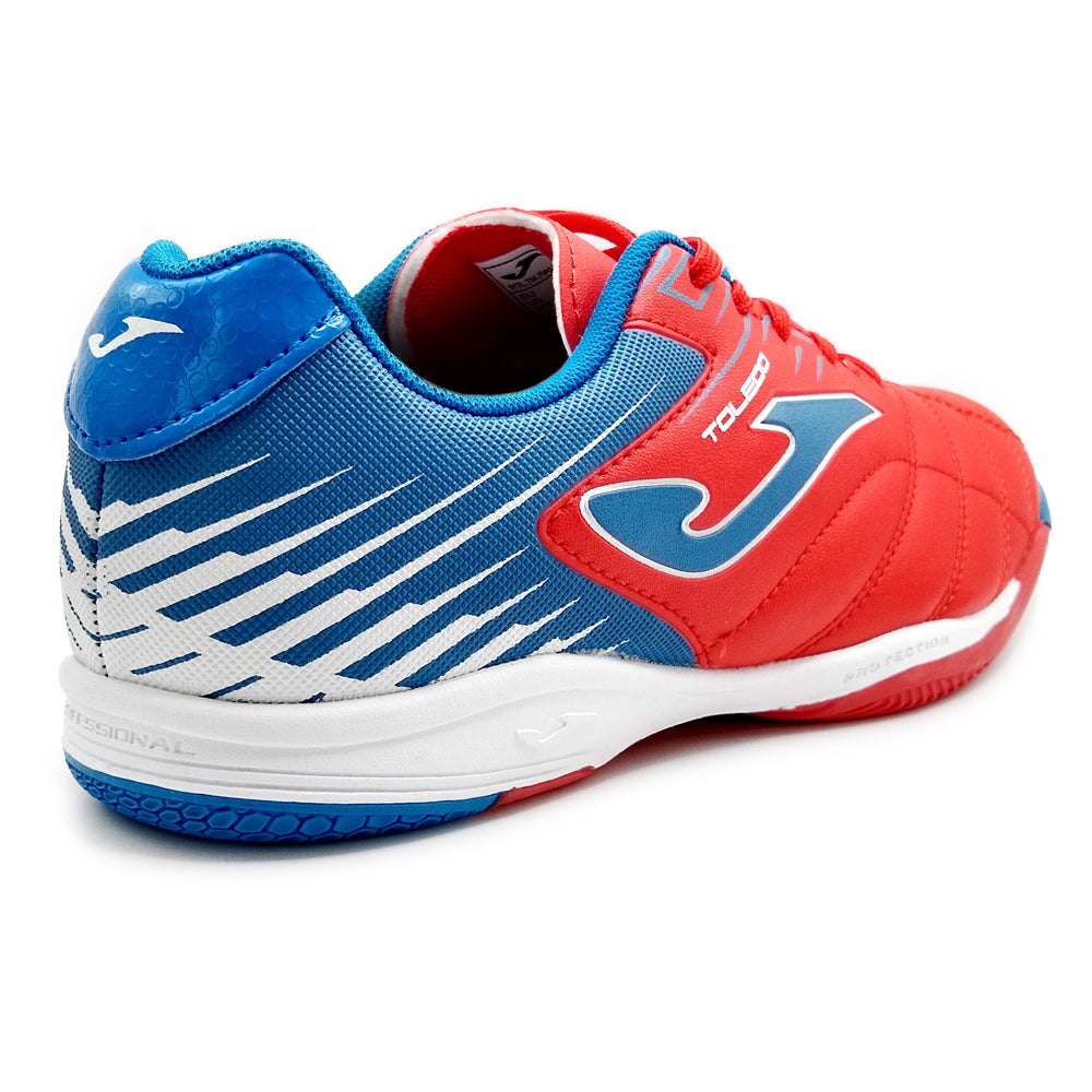 Joma Toledo Junior Indoor Soccer Shoes in vibrant red and blue design, ideal for young athletes seeking style and comfort.