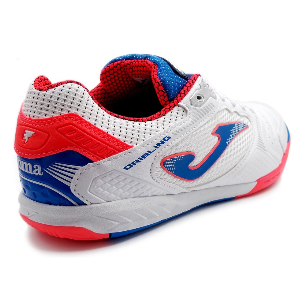 Joma Dribling Indoor Soccer Shoes with red and blue accents, designed for agility and grip on indoor surfaces.