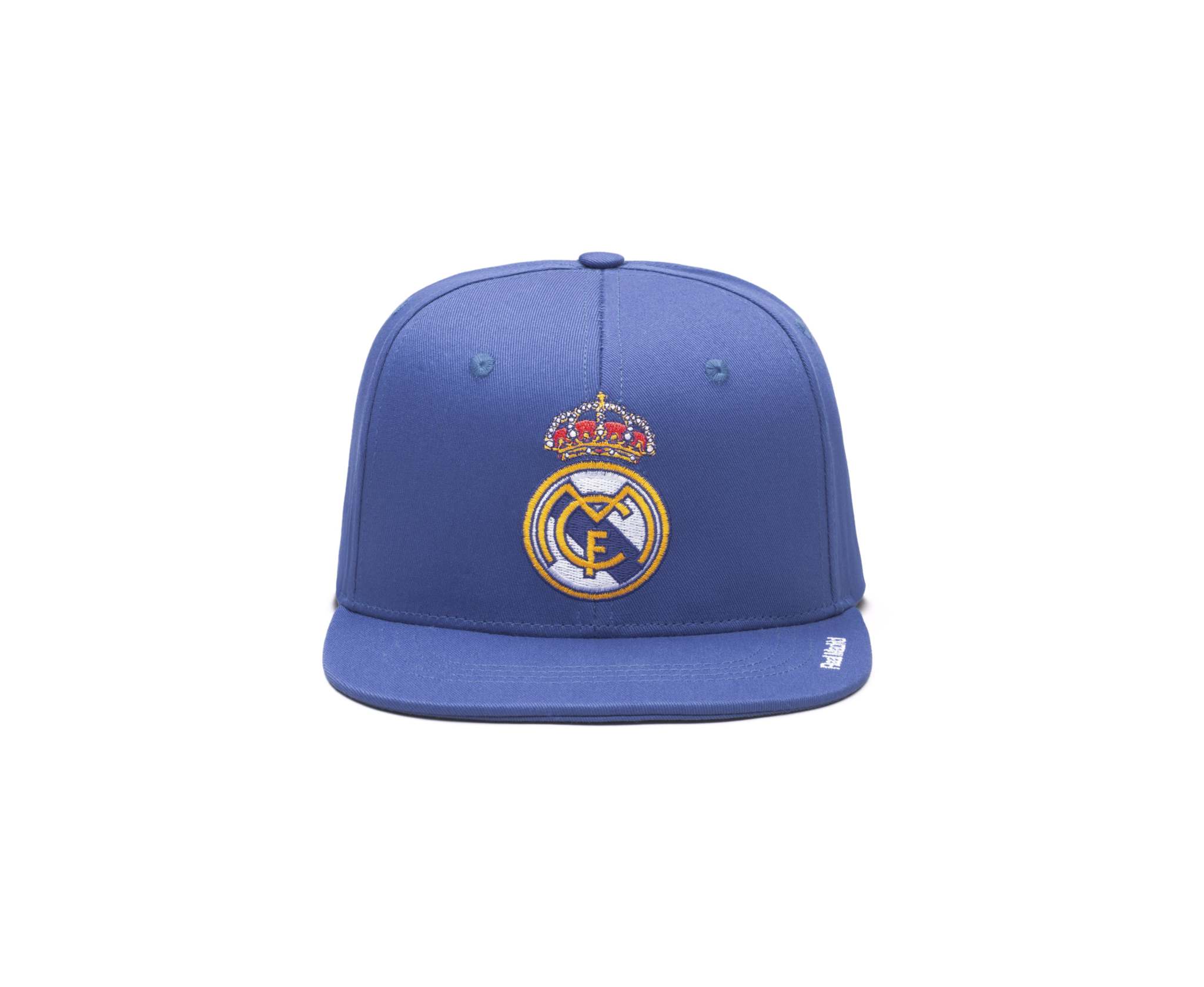 Blue snapback hat with official Real Madrid team logo embroidered on front