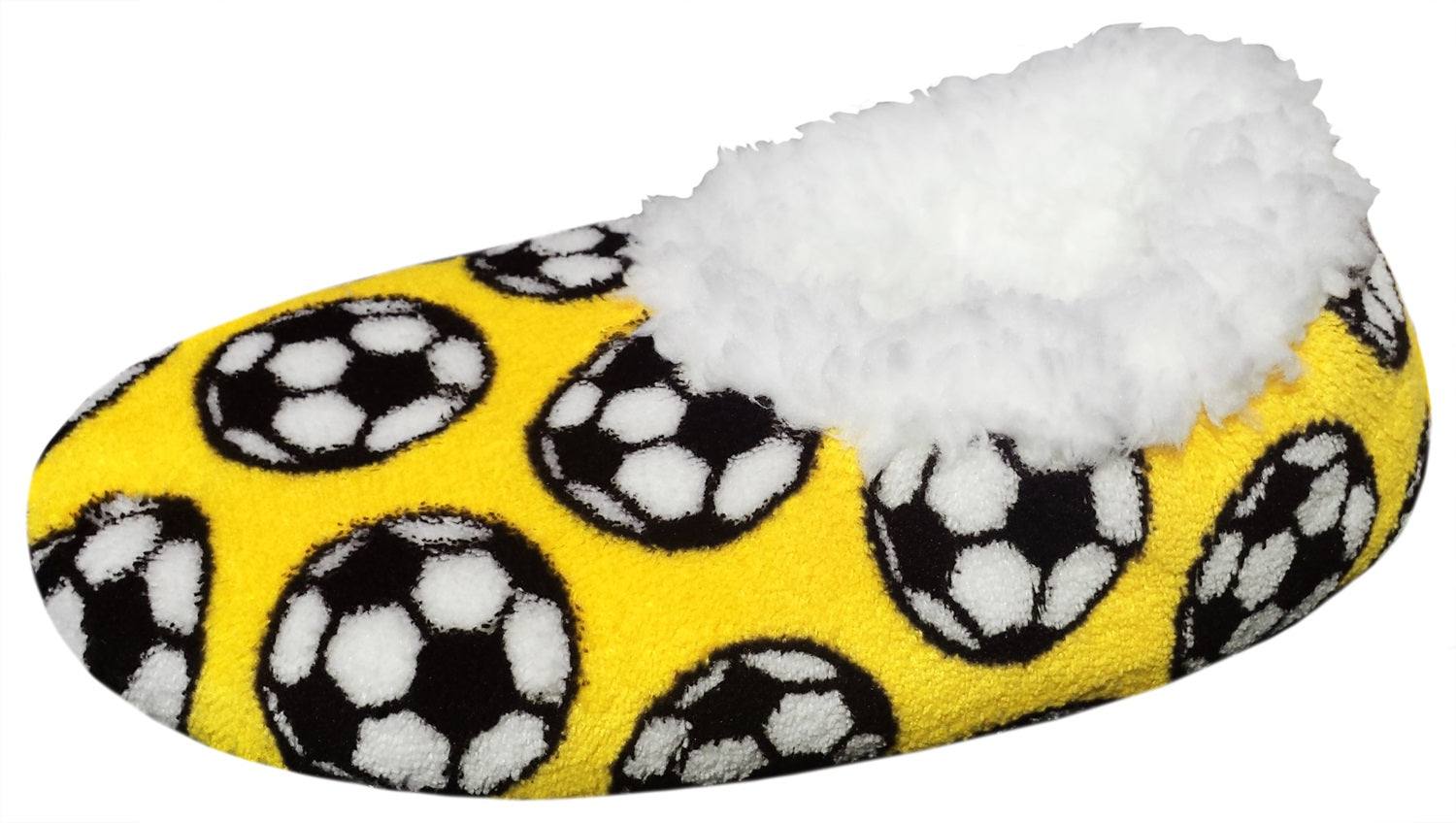 Cozy soccer slippers with soccer ball design and fluffy interior, perfect for fans lounging at home.
