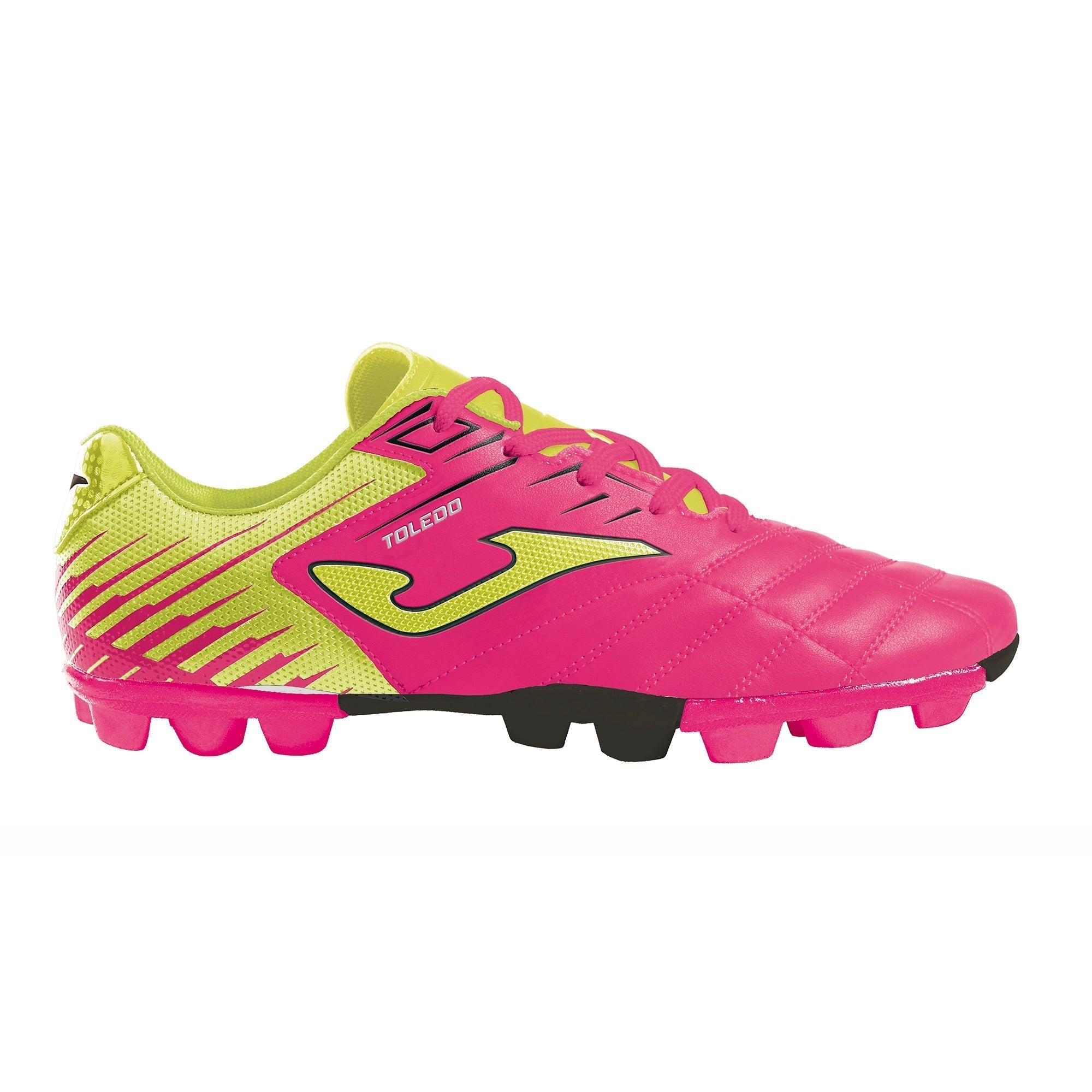 Joma Toledo Junior Molded 24 Soccer Shoes, pink and yellow design, lightweight synthetic upper, ergonomic heel, rubber outsole for traction.