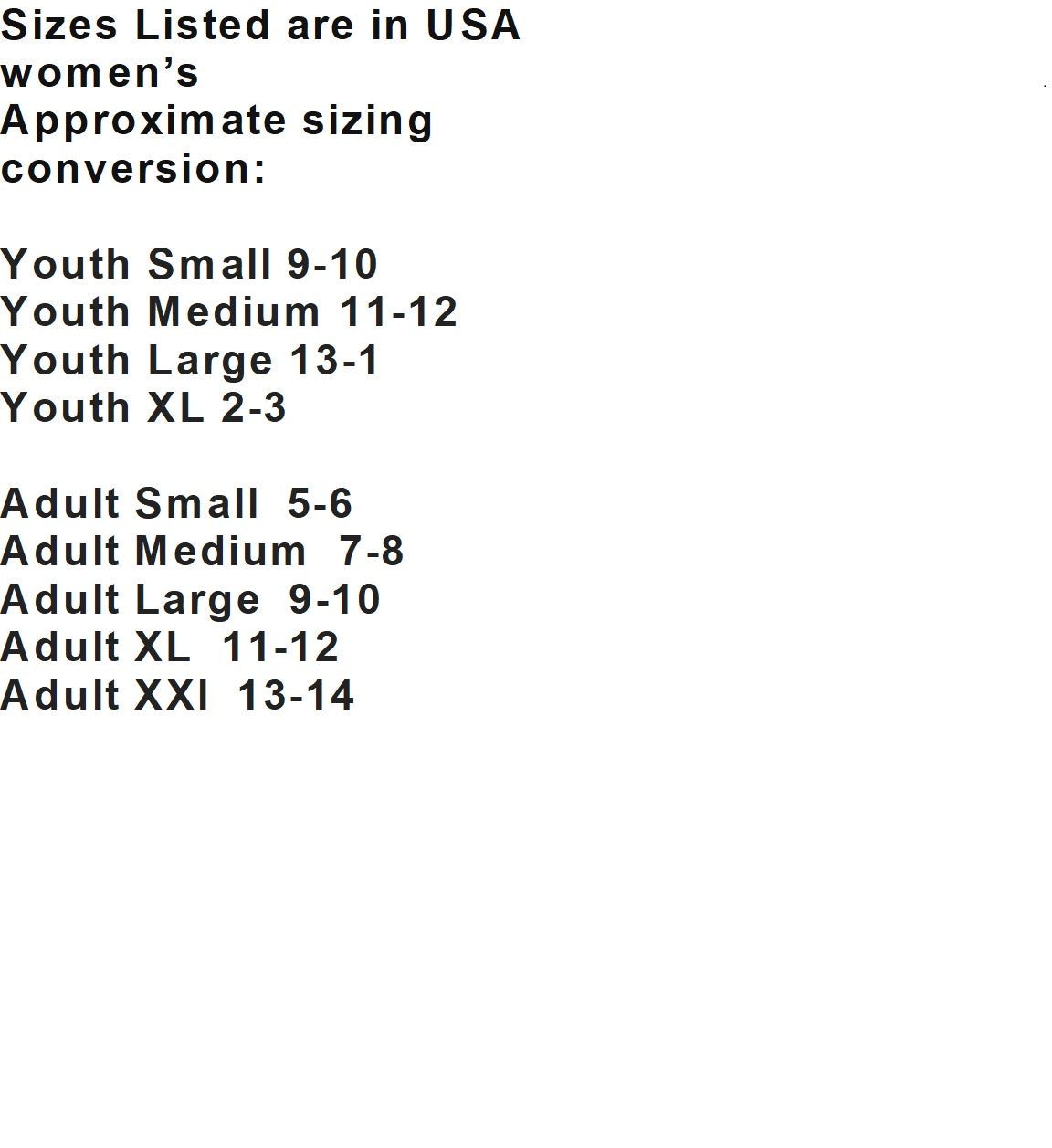 Size chart for women's sport slippers with US youth and adult sizing conversions