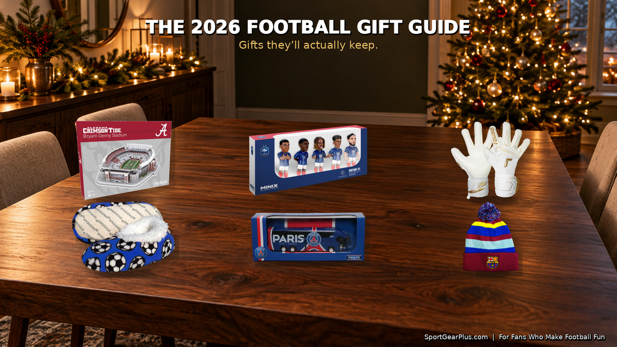 Football gift ideas including Minix France 5-pack figurines, Reusch goalkeeper gloves, a 3D college stadium puzzle, PSG mini team bus and FC Barcelona beanie – SportGearPlus.com