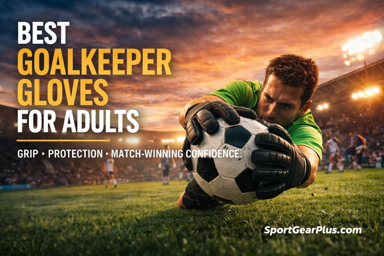 adult soccer goalkeeper making a diving save wearing black goalkeeper gloves during sunset training session on soccer field