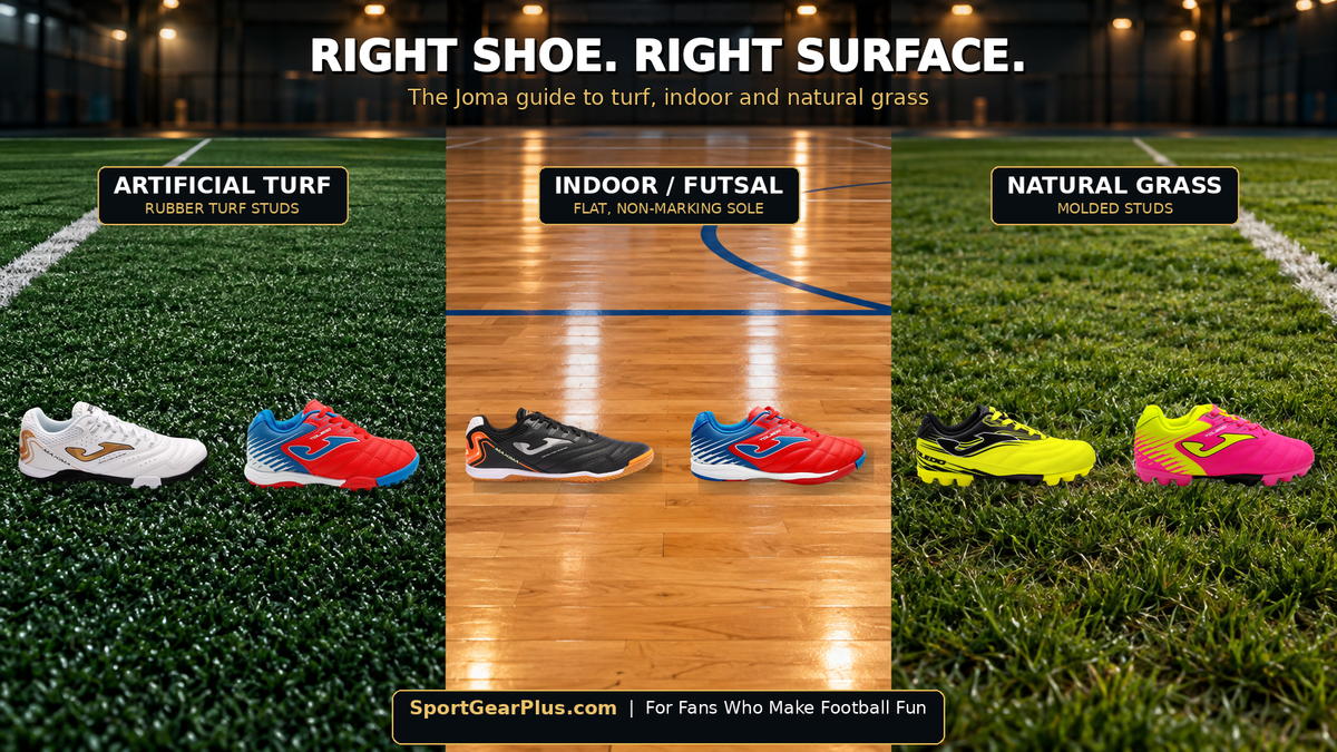 Soccer shoe comparison graphic for the Joma Soccer Shoes Guide, showing white, black, blue, and neon shoes across turf, indoor, and grass surfaces.