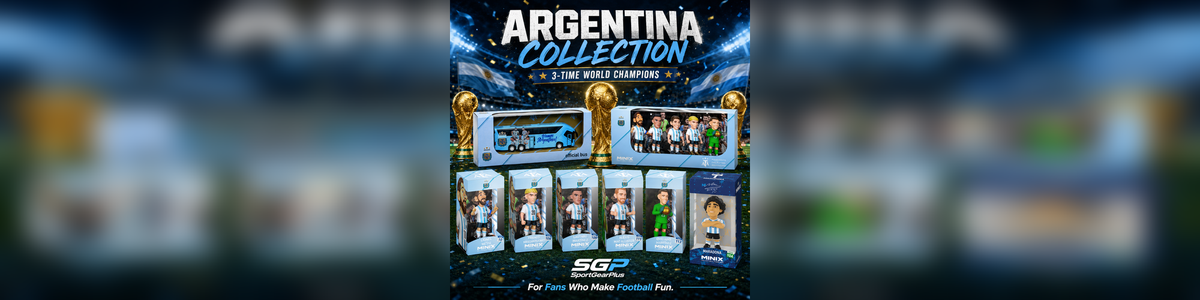 Argentina MINIX Figurines set including Lionel Messi, Lautaro Martinez, Alexis Mac Allister, Emiliano Martinez, and Diego Maradona in blue and white kits