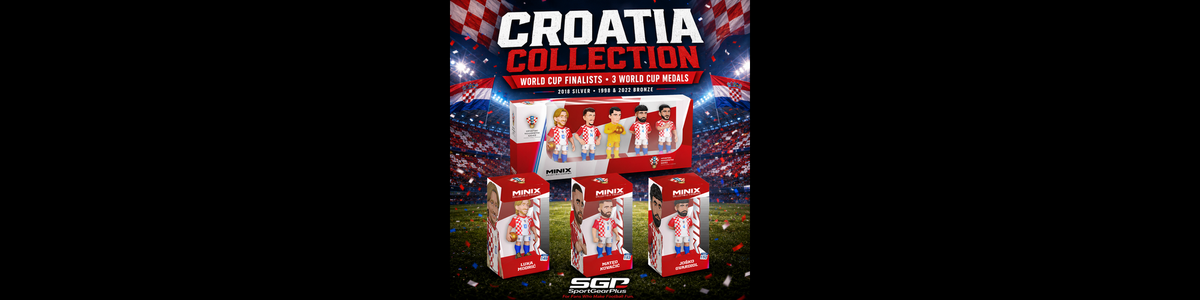 Croatia MINIX Figurines featuring miniature football players Luka Modrić, Mateo Kovačić, Joško Gvardiol and a national team 5-pack in official red and white checkered kits