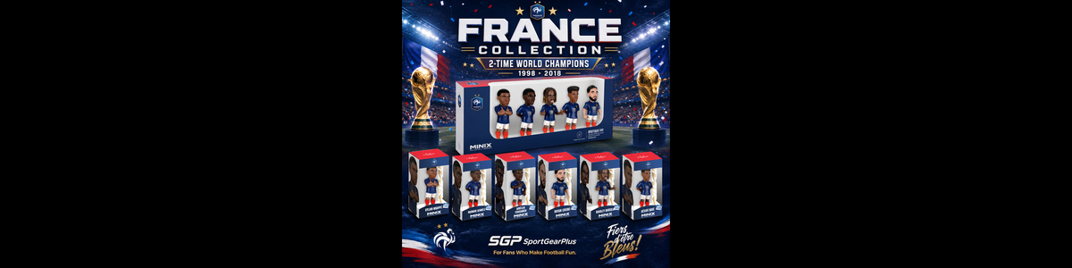 France MINIX Figurines – Official FFF Collectibles | SportGearPlus showing five Les Bleus players in blue kits with red, white shorts and detailed faces