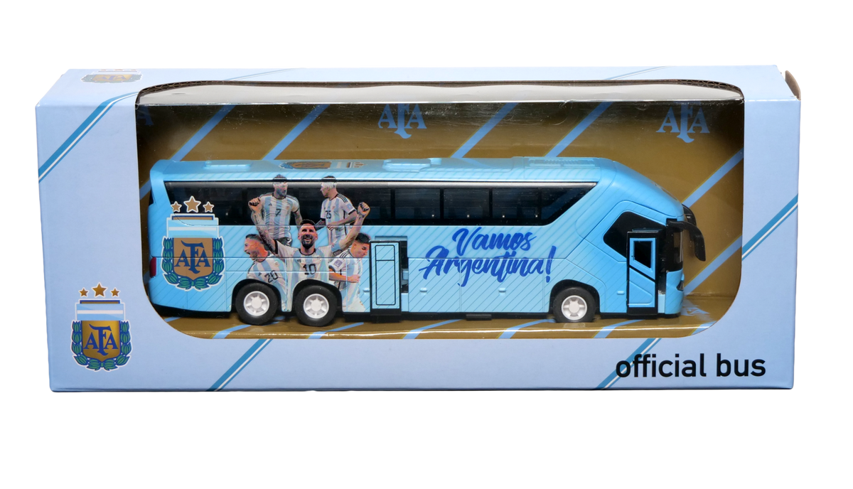 MINIX Mini Team Buses – Official Football Club & National Team Collectibles featuring a light blue Argentina team bus with players and Vamos Argentina text