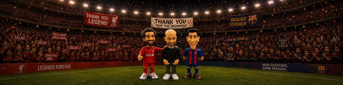 Soccer Collectibles featuring cartoonish figurines of two soccer players in red and blue kits with a bald man in black in a stadium full of cheering fans