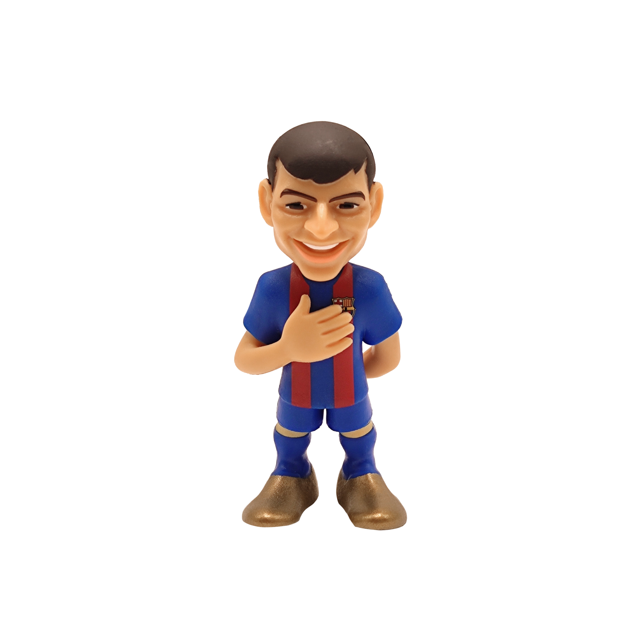 Minix FC Barcelona 7cm collectible figurine wearing blue and red striped uniform with gold shoes, official licensed football player model.