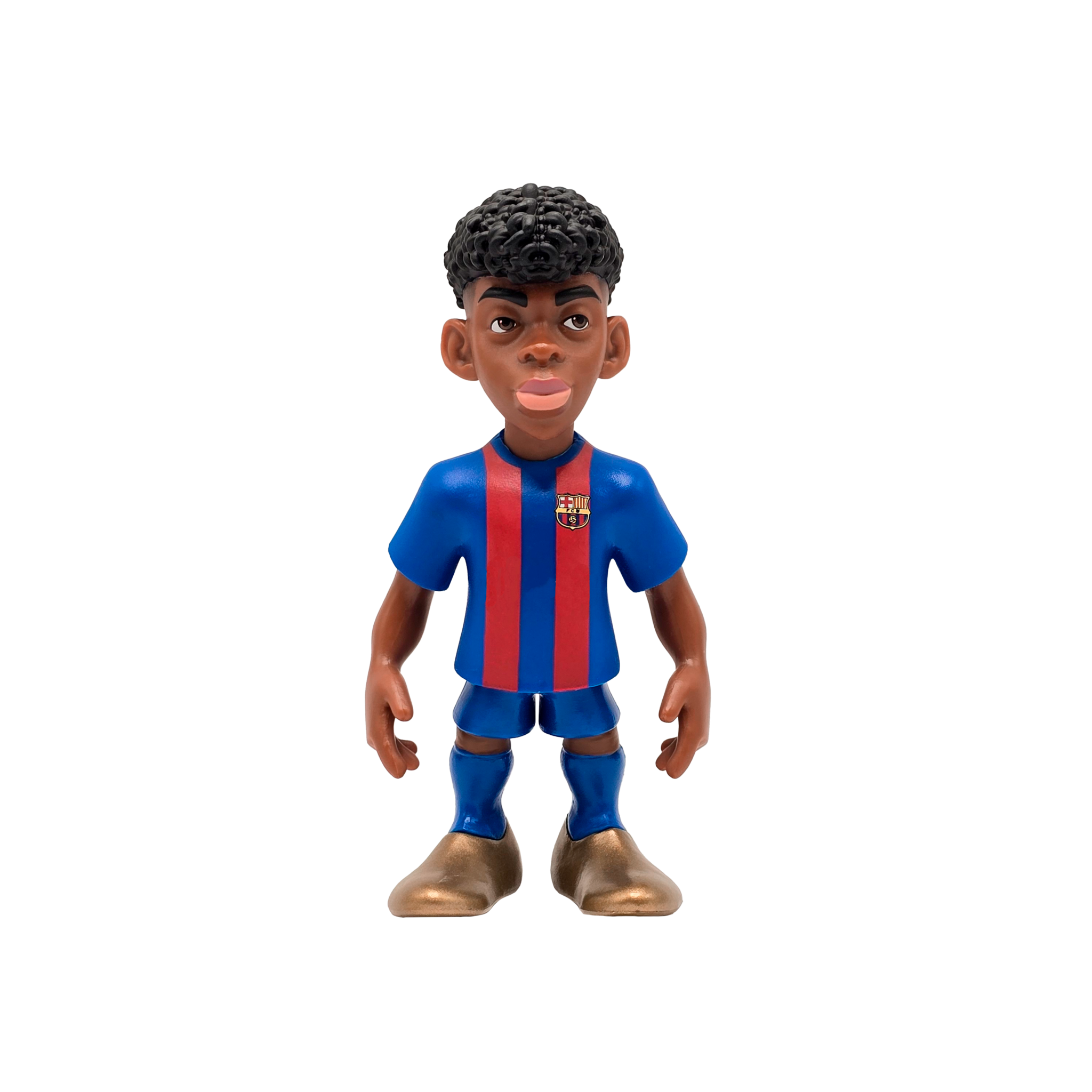 Minix FC Barcelona 7cm collectible figurine in blue and red uniform with curly hair and gold shoes.