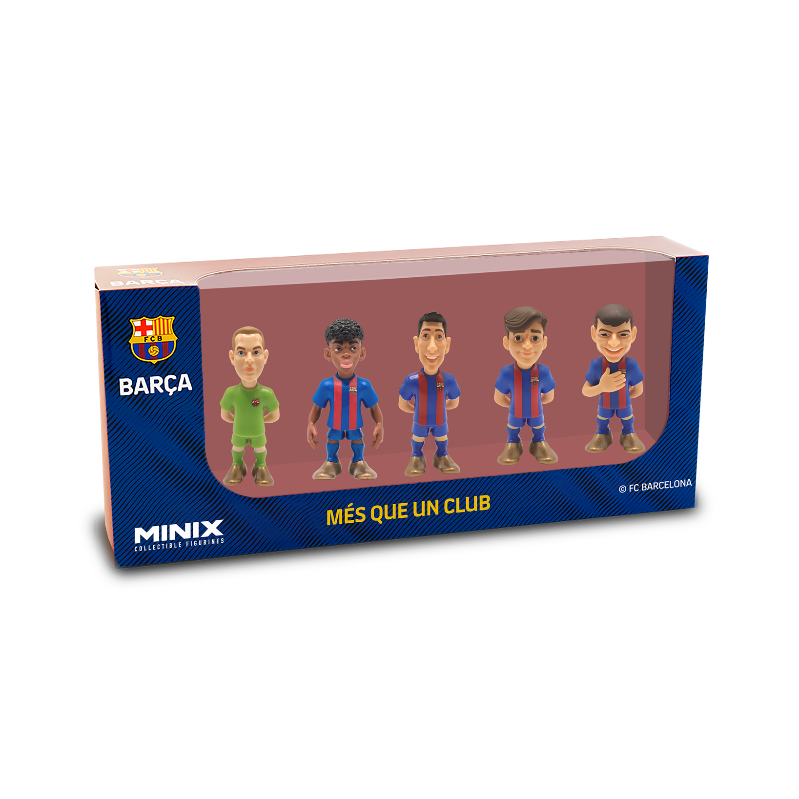 Minix FC Barcelona 5-pack 7cm collectible figurines featuring detailed players in official team uniforms packaged in a display box.